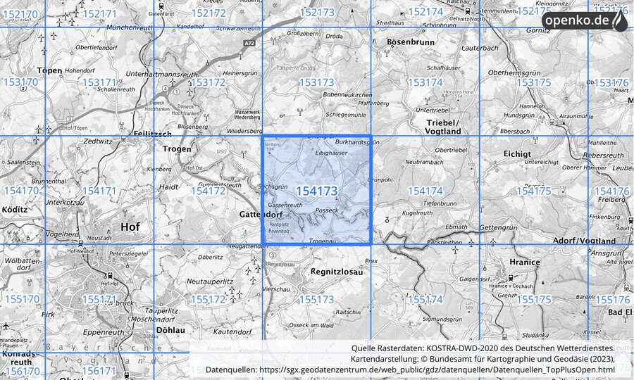 Übersichtskarte des KOSTRA-DWD-2020-Rasterfeldes Nr. 154173