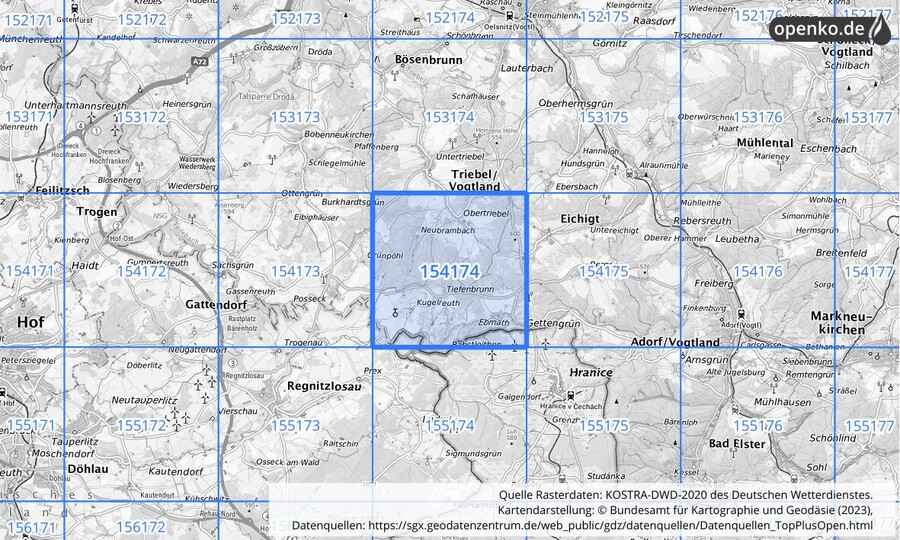 Übersichtskarte des KOSTRA-DWD-2020-Rasterfeldes Nr. 154174