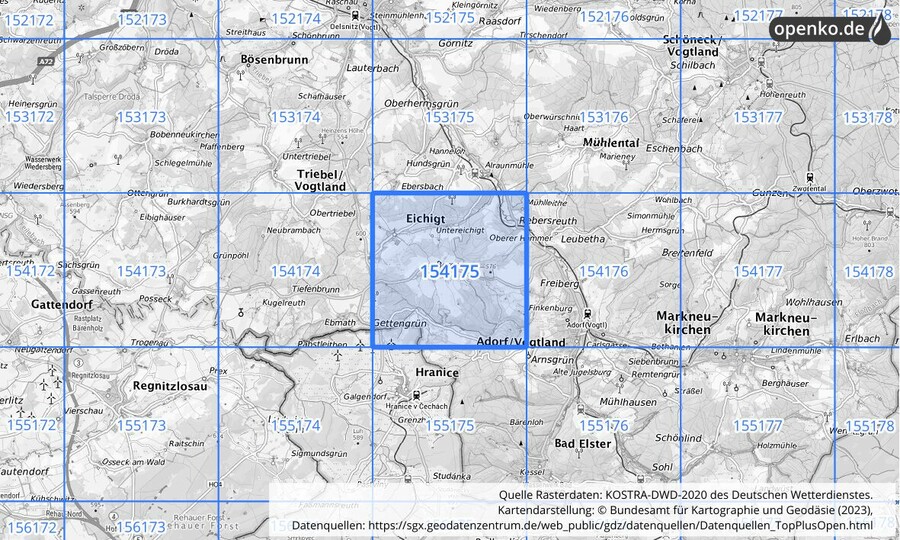 Übersichtskarte des KOSTRA-DWD-2020-Rasterfeldes Nr. 154175
