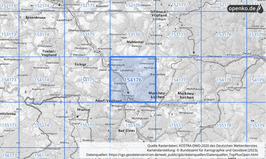 Übersichtskarte des KOSTRA-DWD-2020-Rasterfeldes Nr. 154176