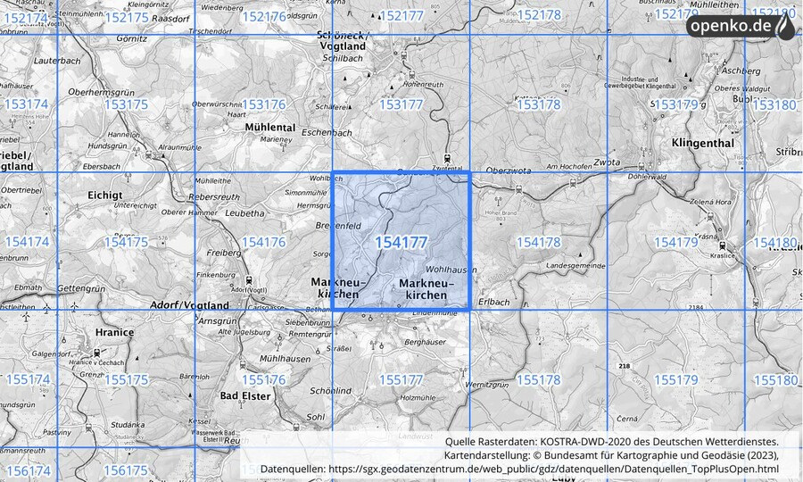 Übersichtskarte des KOSTRA-DWD-2020-Rasterfeldes Nr. 154177