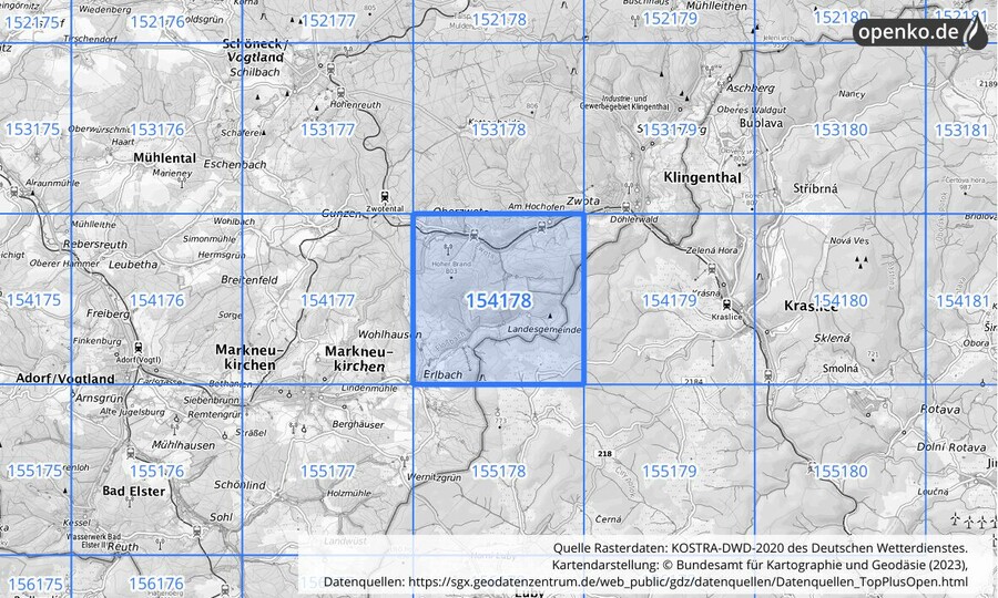 Übersichtskarte des KOSTRA-DWD-2020-Rasterfeldes Nr. 154178