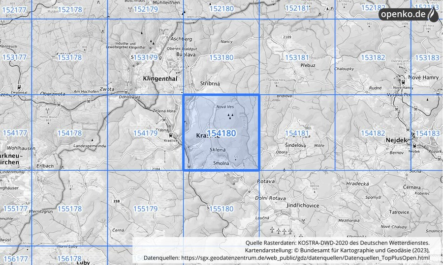 Übersichtskarte des KOSTRA-DWD-2020-Rasterfeldes Nr. 154180