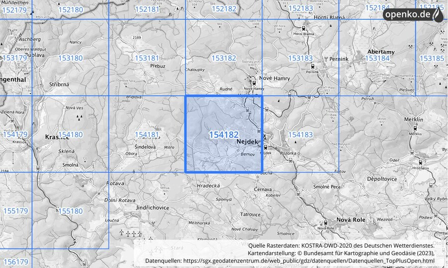 Übersichtskarte des KOSTRA-DWD-2020-Rasterfeldes Nr. 154182