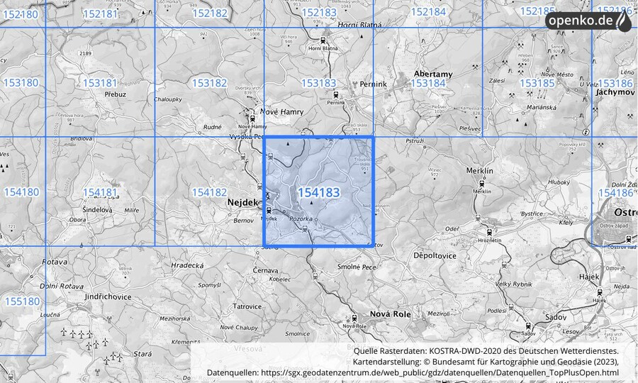 Übersichtskarte des KOSTRA-DWD-2020-Rasterfeldes Nr. 154183