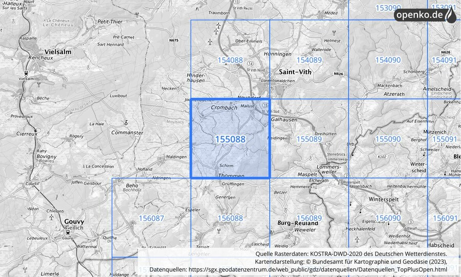 Übersichtskarte des KOSTRA-DWD-2020-Rasterfeldes Nr. 155088