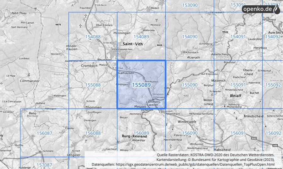 Übersichtskarte des KOSTRA-DWD-2020-Rasterfeldes Nr. 155089