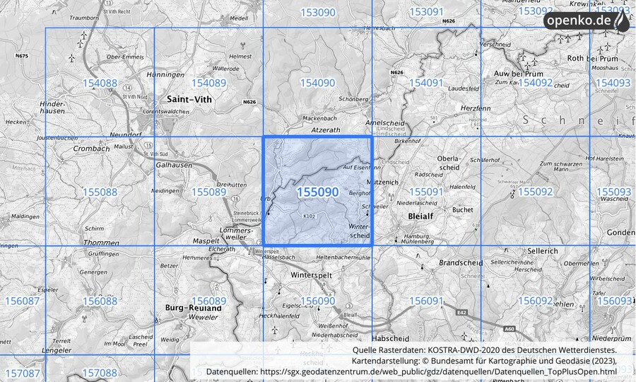 Übersichtskarte des KOSTRA-DWD-2020-Rasterfeldes Nr. 155090