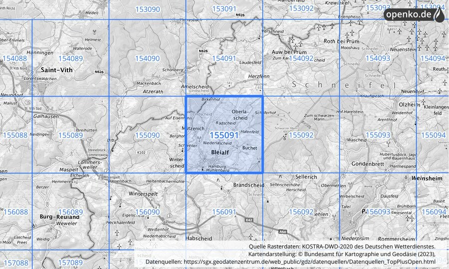 Übersichtskarte des KOSTRA-DWD-2020-Rasterfeldes Nr. 155091