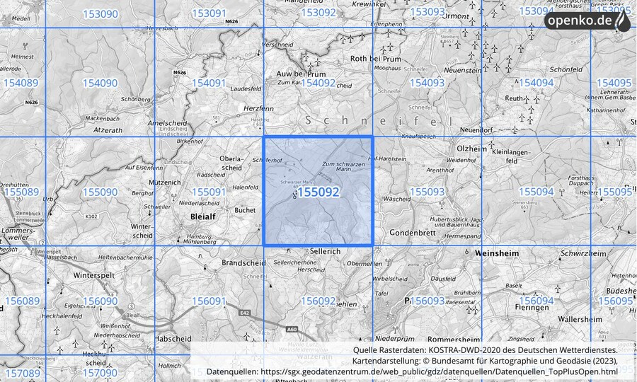 Übersichtskarte des KOSTRA-DWD-2020-Rasterfeldes Nr. 155092