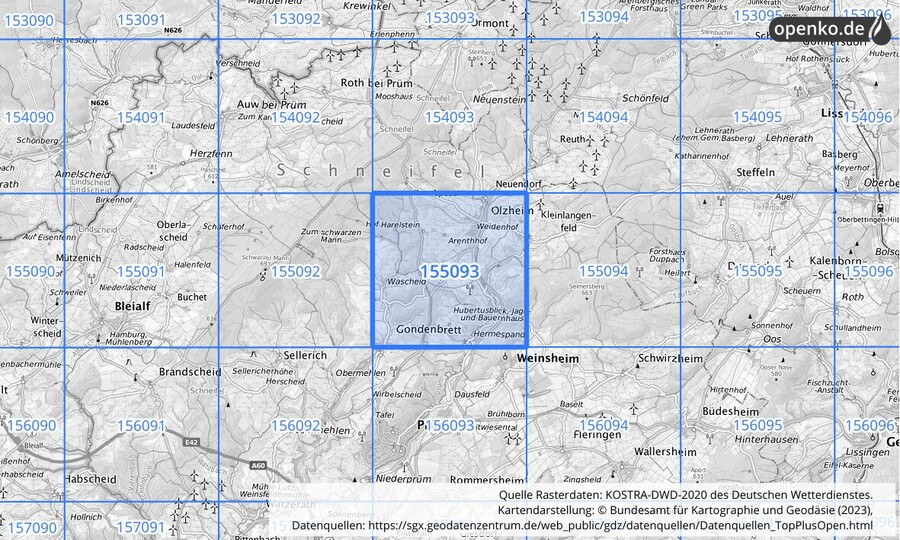 Übersichtskarte des KOSTRA-DWD-2020-Rasterfeldes Nr. 155093