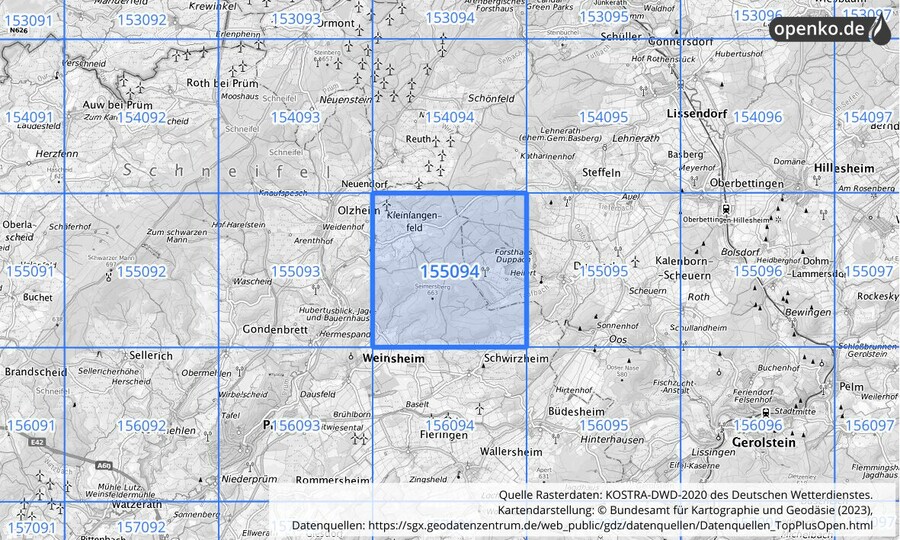 Übersichtskarte des KOSTRA-DWD-2020-Rasterfeldes Nr. 155094