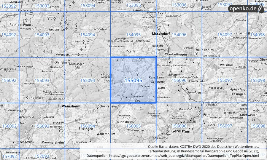 Übersichtskarte des KOSTRA-DWD-2020-Rasterfeldes Nr. 155095