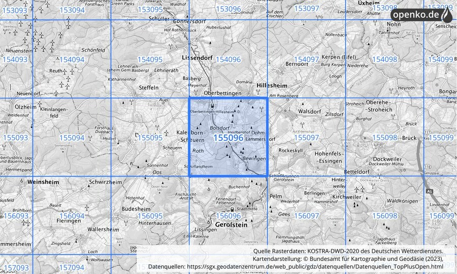 Übersichtskarte des KOSTRA-DWD-2020-Rasterfeldes Nr. 155096