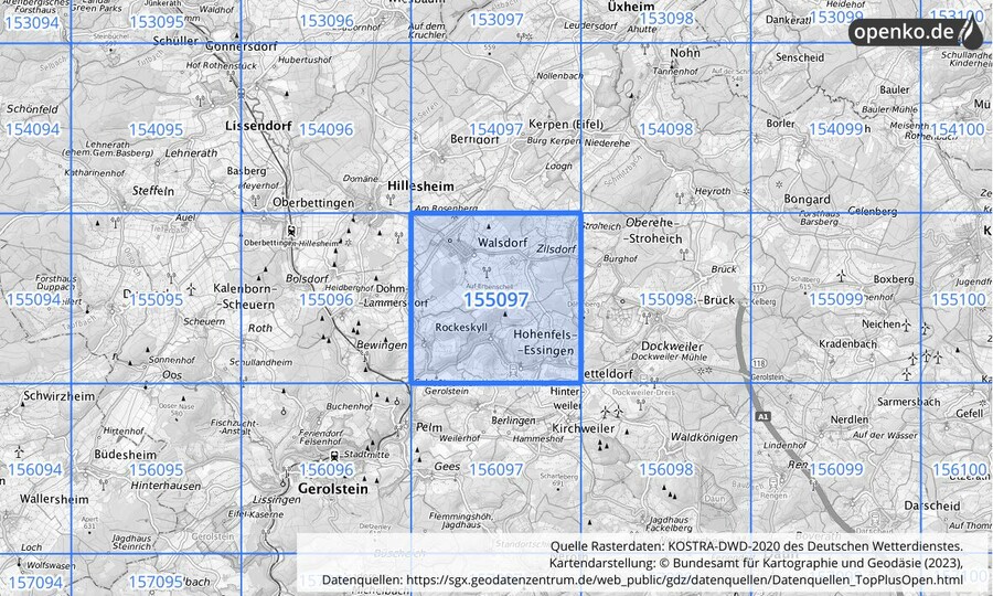 Übersichtskarte des KOSTRA-DWD-2020-Rasterfeldes Nr. 155097