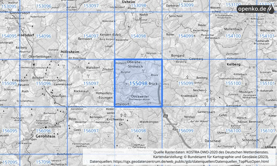 Übersichtskarte des KOSTRA-DWD-2020-Rasterfeldes Nr. 155098