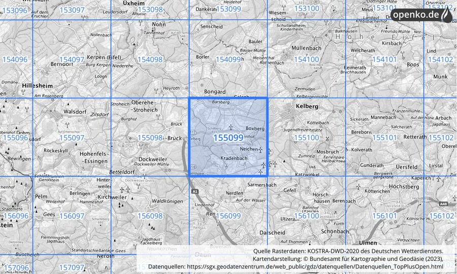 Übersichtskarte des KOSTRA-DWD-2020-Rasterfeldes Nr. 155099