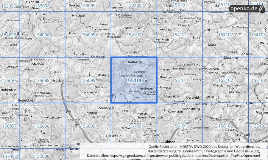 Übersichtskarte des KOSTRA-DWD-2020-Rasterfeldes Nr. 155100