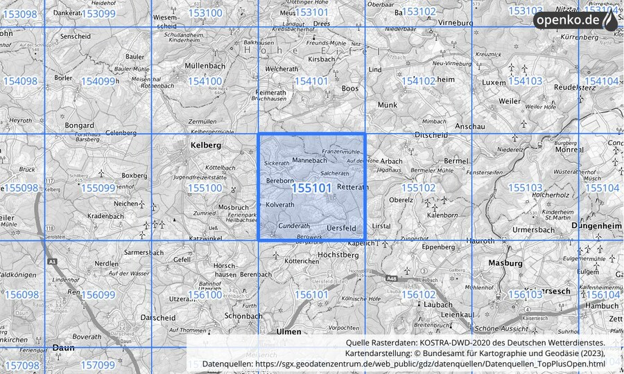 Übersichtskarte des KOSTRA-DWD-2020-Rasterfeldes Nr. 155101