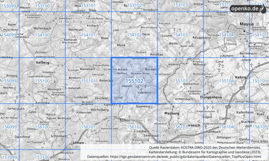 Übersichtskarte des KOSTRA-DWD-2020-Rasterfeldes Nr. 155102