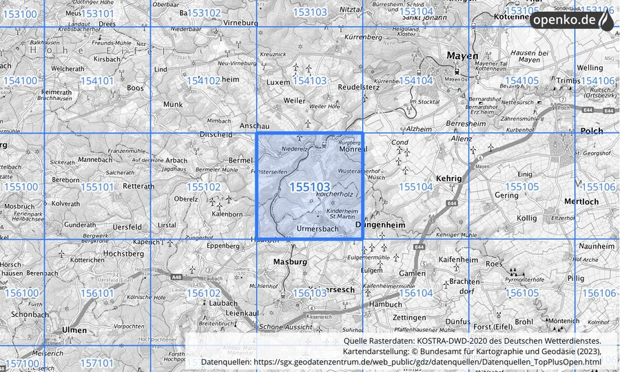 Übersichtskarte des KOSTRA-DWD-2020-Rasterfeldes Nr. 155103
