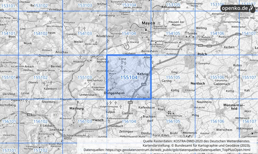 Übersichtskarte des KOSTRA-DWD-2020-Rasterfeldes Nr. 155104