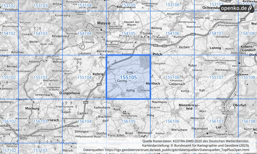 Übersichtskarte des KOSTRA-DWD-2020-Rasterfeldes Nr. 155105