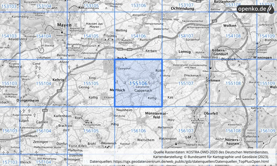 Übersichtskarte des KOSTRA-DWD-2020-Rasterfeldes Nr. 155106