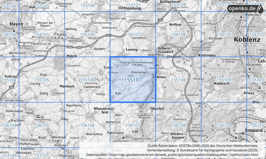Übersichtskarte des KOSTRA-DWD-2020-Rasterfeldes Nr. 155107