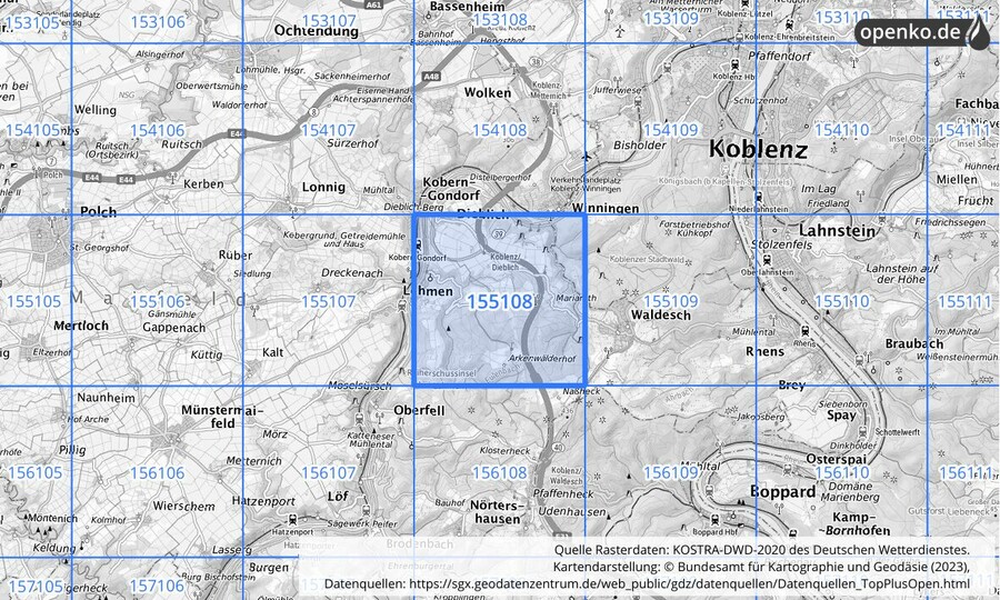 Übersichtskarte des KOSTRA-DWD-2020-Rasterfeldes Nr. 155108