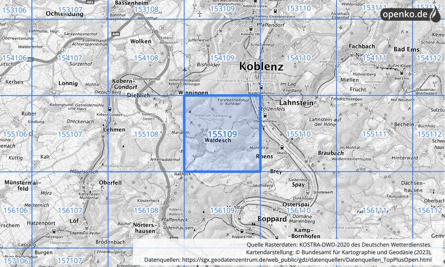 Übersichtskarte des KOSTRA-DWD-2020-Rasterfeldes Nr. 155109