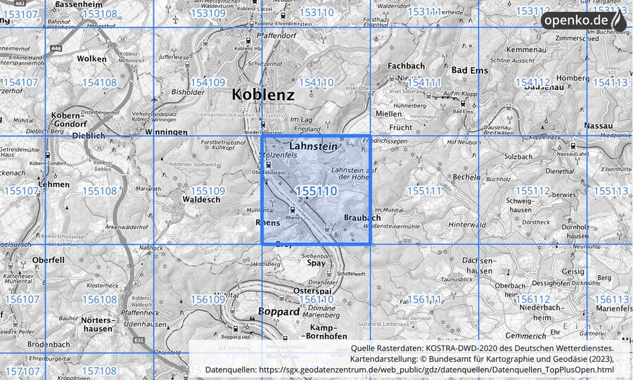 Übersichtskarte des KOSTRA-DWD-2020-Rasterfeldes Nr. 155110