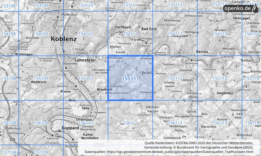 Übersichtskarte des KOSTRA-DWD-2020-Rasterfeldes Nr. 155111