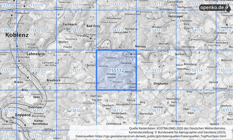 Übersichtskarte des KOSTRA-DWD-2020-Rasterfeldes Nr. 155112