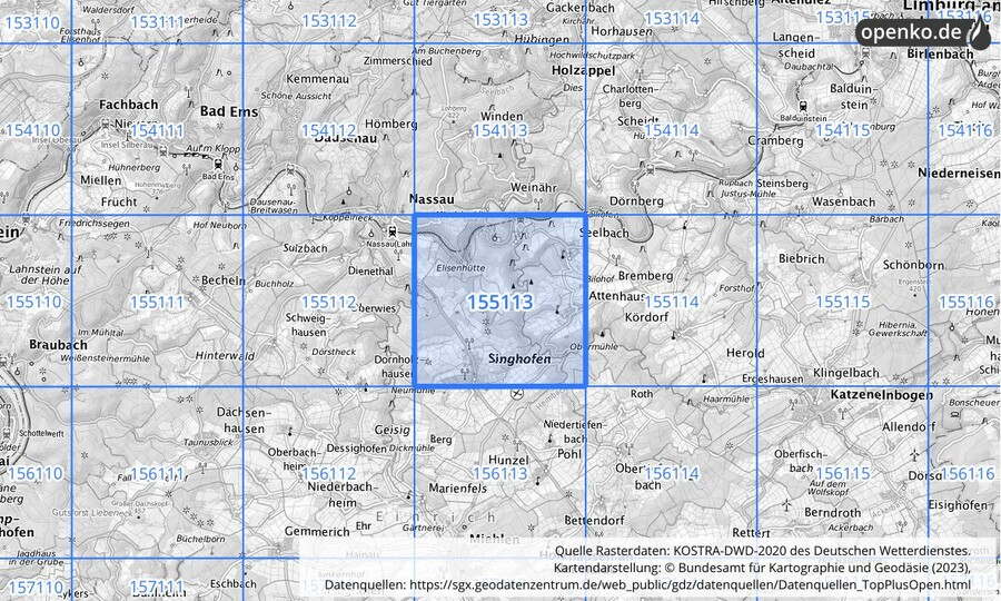 Übersichtskarte des KOSTRA-DWD-2020-Rasterfeldes Nr. 155113