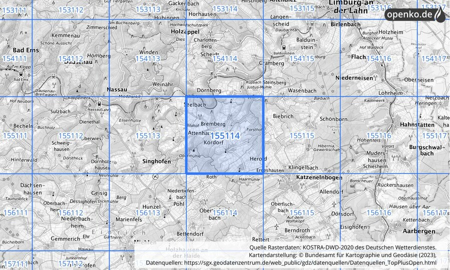 Übersichtskarte des KOSTRA-DWD-2020-Rasterfeldes Nr. 155114