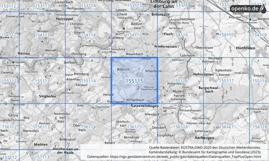 Übersichtskarte des KOSTRA-DWD-2020-Rasterfeldes Nr. 155115