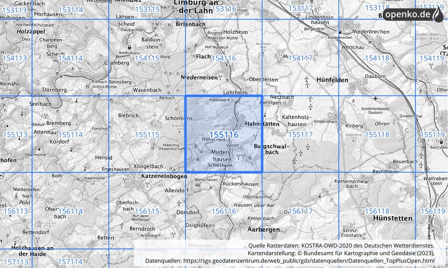 Übersichtskarte des KOSTRA-DWD-2020-Rasterfeldes Nr. 155116