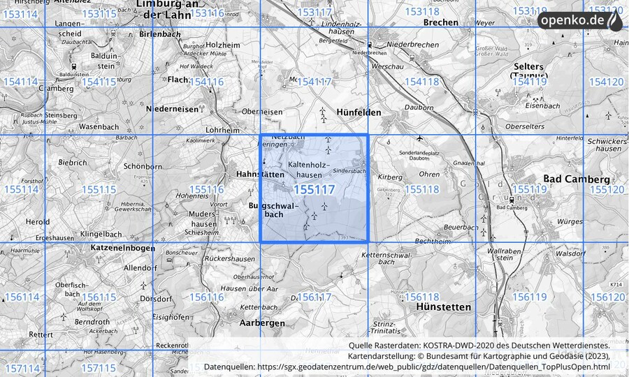 Übersichtskarte des KOSTRA-DWD-2020-Rasterfeldes Nr. 155117