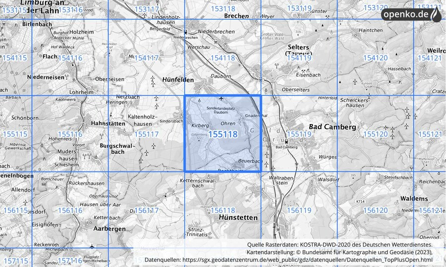 Übersichtskarte des KOSTRA-DWD-2020-Rasterfeldes Nr. 155118