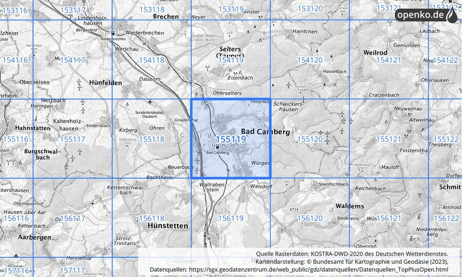Übersichtskarte des KOSTRA-DWD-2020-Rasterfeldes Nr. 155119
