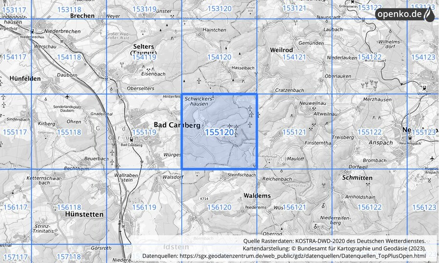 Übersichtskarte des KOSTRA-DWD-2020-Rasterfeldes Nr. 155120