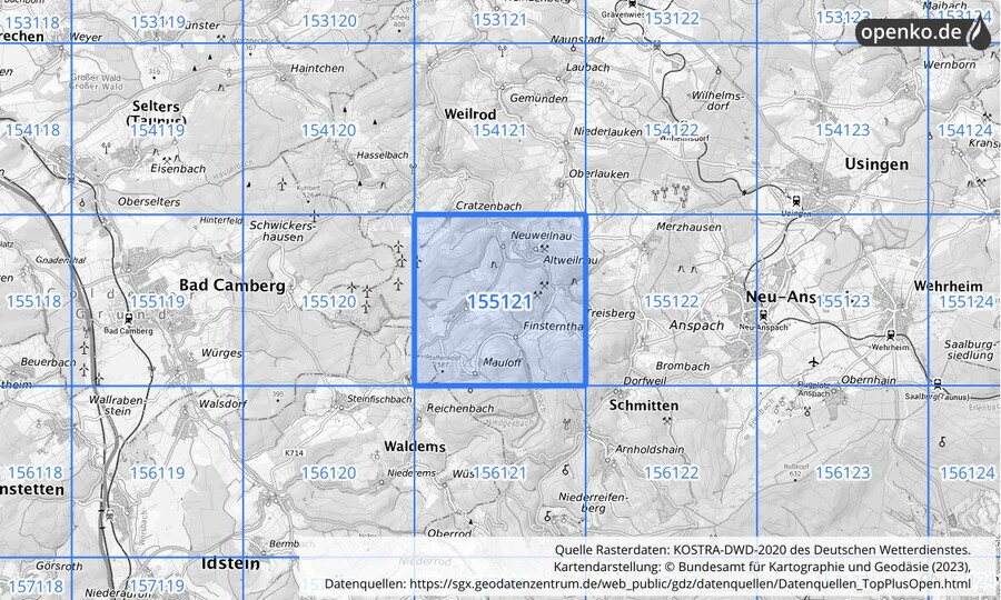 Übersichtskarte des KOSTRA-DWD-2020-Rasterfeldes Nr. 155121