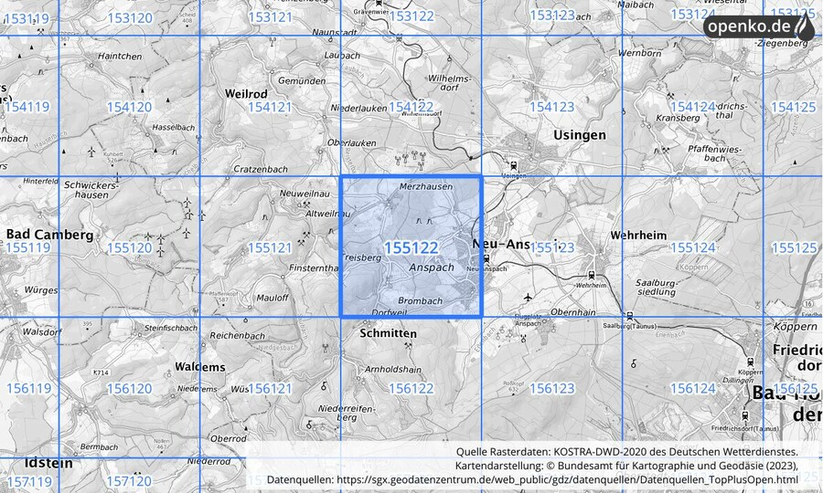 Übersichtskarte des KOSTRA-DWD-2020-Rasterfeldes Nr. 155122