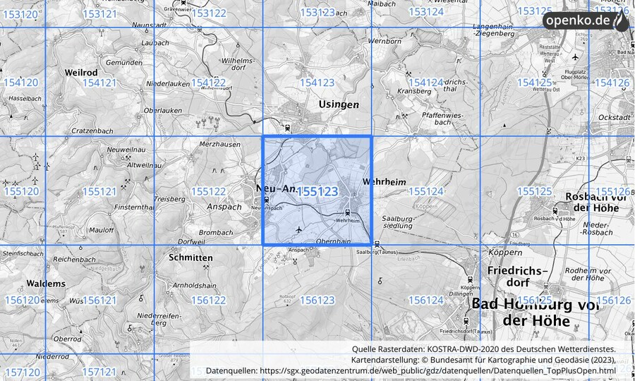 Übersichtskarte des KOSTRA-DWD-2020-Rasterfeldes Nr. 155123