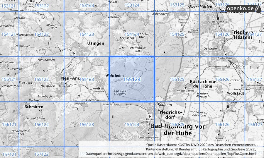 Übersichtskarte des KOSTRA-DWD-2020-Rasterfeldes Nr. 155124