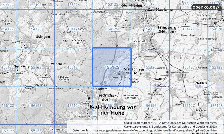 Übersichtskarte des KOSTRA-DWD-2020-Rasterfeldes Nr. 155125