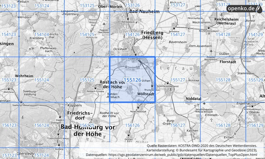 Übersichtskarte des KOSTRA-DWD-2020-Rasterfeldes Nr. 155126