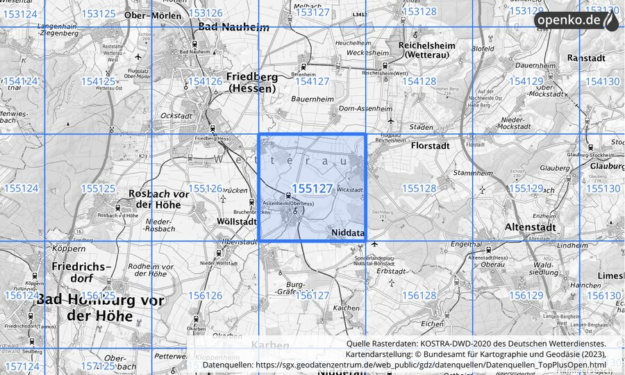 Übersichtskarte des KOSTRA-DWD-2020-Rasterfeldes Nr. 155127