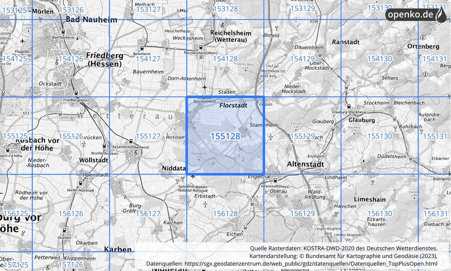 Übersichtskarte des KOSTRA-DWD-2020-Rasterfeldes Nr. 155128